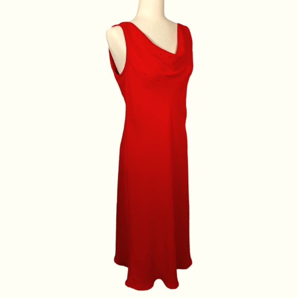 SL Fashions Jeweled Draped Neck V Back Dress Bright Red & Rhinestones 12P